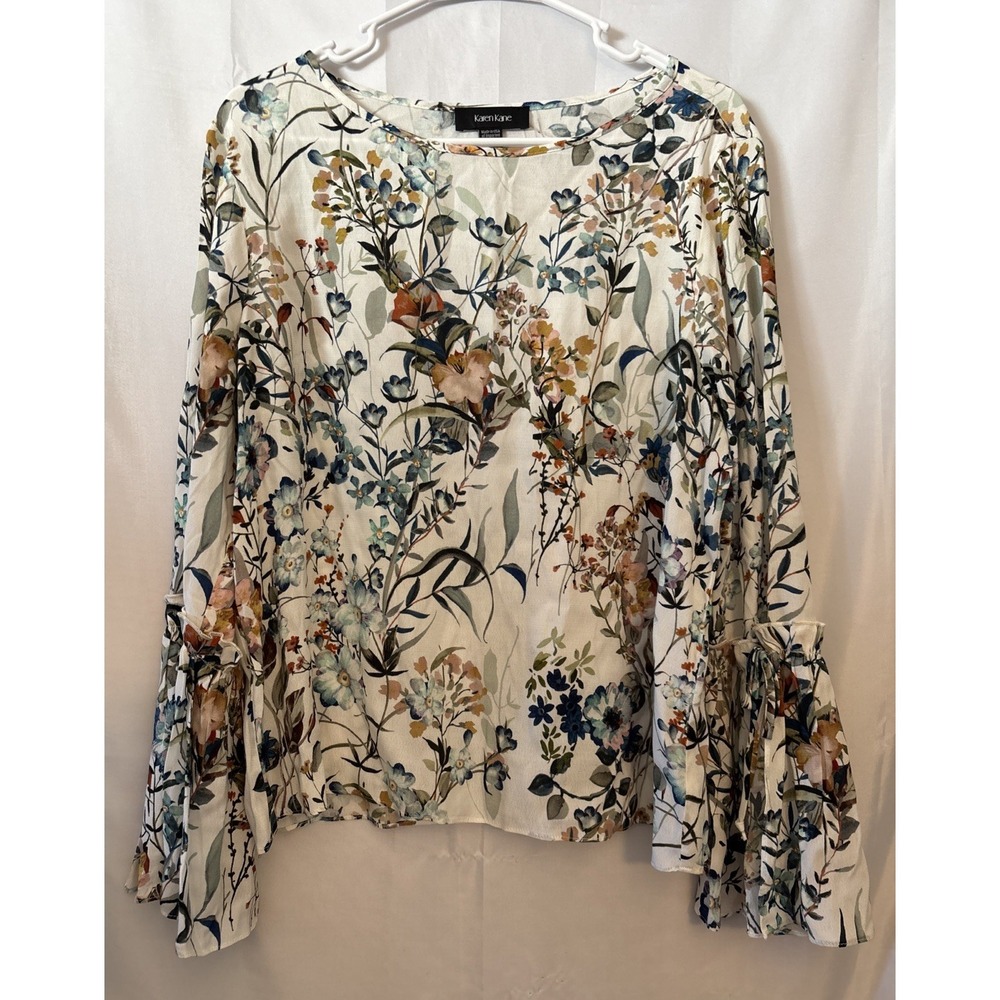 Karen Kane Bell Sleeve White Floral blouse   Romantic Flowy Boho Gypsy L Women's